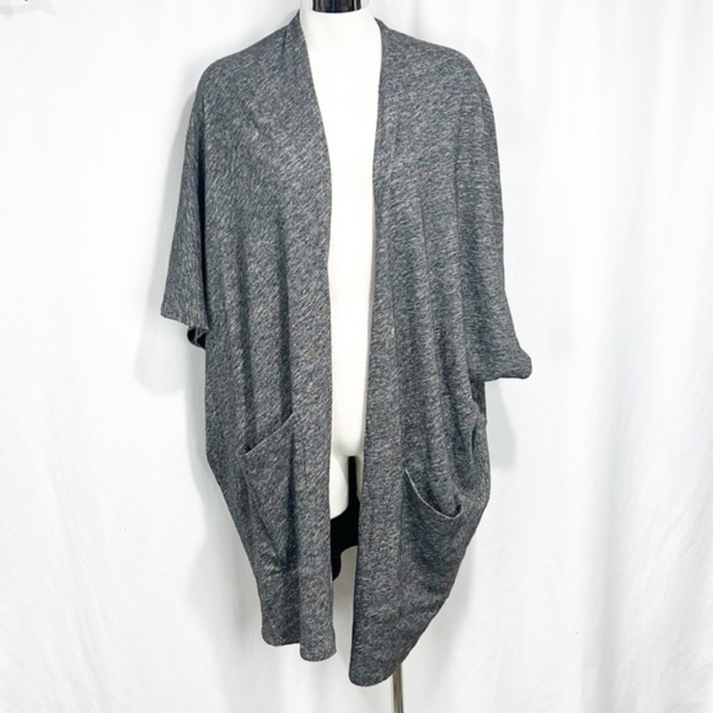 Eileen Fisher Open Long Wool Cardigan Dolman Pockets Marled Gray size Medium